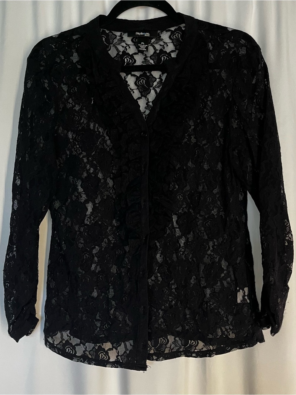 Style & Co. Black Sheer Lace Button-Up Blouse